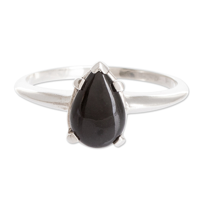 Black jade solitaire ring, 'Jade Teardrop in Black' - Sterling Silver Solitaire Ring with Black Guatemalan Jade