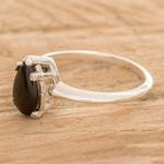 Black jade solitaire ring, 'Jade Teardrop in Black' - Sterling Silver Solitaire Ring with Black Guatemalan Jade