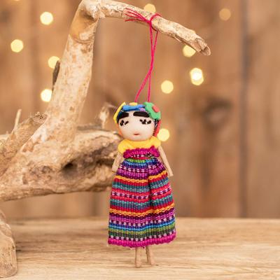 Adorno de muñeca Worry, 'Kahlo' - Adorno navideño de muñeca Worry hecho a mano