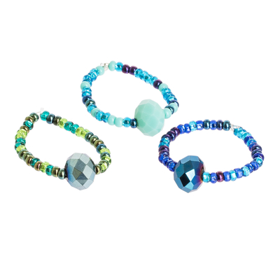 Beaded stretch rings, 'Lagoon in Blue' (set of 3) - Set of 3 Beaded Stretch Rings from Guatemala