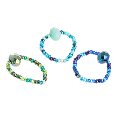 Beaded stretch rings, 'Lagoon in Blue' (set of 3) - Set of 3 Beaded Stretch Rings from Guatemala