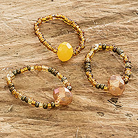 Beaded stretch rings, 'Golden Drops of Rain' (set of 3) - Guatemalan Set of 3 Beaded Stretch Rings in Warm Colors