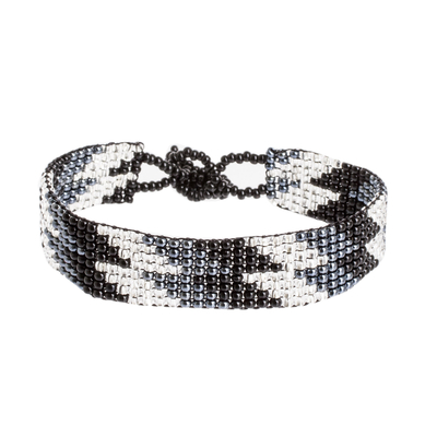 Beaded wristband bracelet, 'Lightning Round in Black' - Handcrafted Beaded Wristband Bracelet