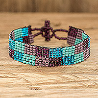 Beaded wristband bracelet, 'Colorful Squares' - Handcrafted Geometric Beaded Wristband Bracelet
