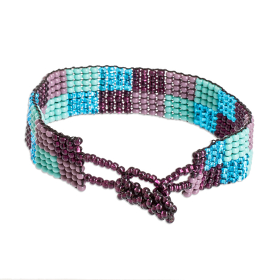 Beaded wristband bracelet, 'Colorful Squares' - Handcrafted Geometric Beaded Wristband Bracelet