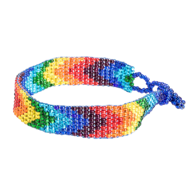 Beaded wristband bracelet, 'Happiness and colour' - Handcrafted Rainbow Beaded Wristband Bracelet