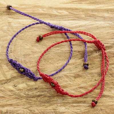Beaded macrame bracelets, 'Art of Knots in Red and Grape' (pair) - colourful Macrame Cord Bracelets (Pair)