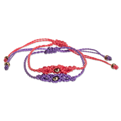 Beaded macrame bracelets, 'Art of Knots in Red and Grape' (pair) - colourful Macrame Cord Bracelets (Pair)