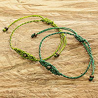 Beaded macrame bracelets, 'Art of Knots in Lime and Moss' (pair) - Handcrafted Beaded Green Macrame Bracelets (Pair)