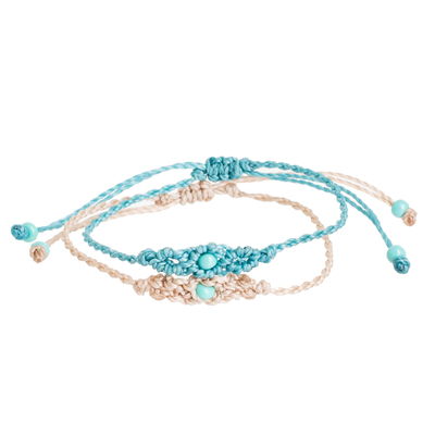 Beaded macrame bracelets, 'Art of Knots in Sky and Beige' (pair) - Handmade Beaded Macrame Cord Bracelets (Pair)