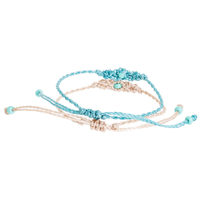 Beaded macrame bracelets, 'Art of Knots in Sky and Beige' (pair) - Handmade Beaded Macrame Cord Bracelets (Pair)