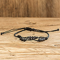 Beaded macrame bracelet, 'Bright Tomorrow in Black' - Black Cord Bracelet with Crystal Beads