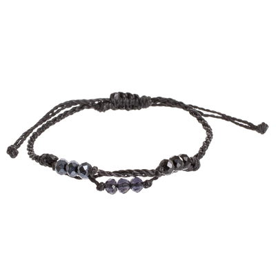 Beaded macrame bracelet, 'Bright Tomorrow in Black' - Black Cord Bracelet with Crystal Beads