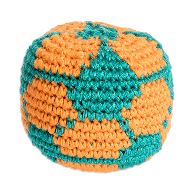 Cotton hacky sack, 'Colorful Orb' - Handknit Cotton Hacky Sack with Orange and Turquoise Pattern