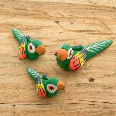 Ceramic figurines, 'colourful Macaw Reunion' (set of 3) - Set of 3 Macaw Ceramic Figurines Handcrafted in Guatemala