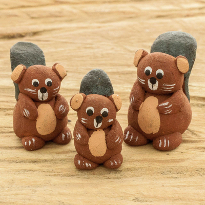 Ceramic figurines, 'Beaver Family'  (Set of 3) - Set of 3 Hand-painted Beaver-themed Ceramic Figurines