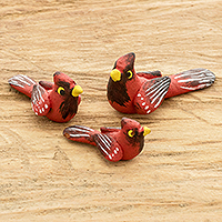 Ceramic figurines, 'Cardinal Family' (set of 3) - Set of 3 Hand-painted Cardinal-themed Ceramic Figurines