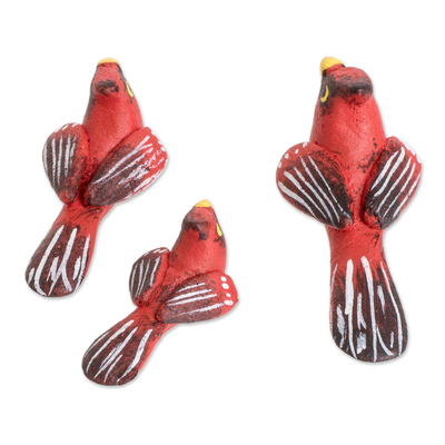 Ceramic figurines, 'Cardinal Family' (set of 3) - Set of 3 Hand-painted Cardinal-themed Ceramic Figurines