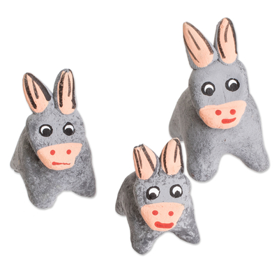 Set of 3 Hand-painted Gray Donkey Shaped Ceramic Figurines