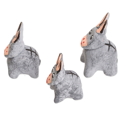 Ceramic figurines, 'Gray Donkey Family' (set of 3) - Set of 3 Hand-painted Gray Donkey Shaped Ceramic Figurines