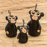 Ceramic figurines, 'Black Monkey Family' (set of 3)