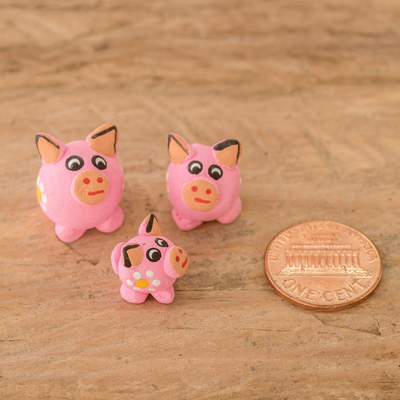 Ceramic figurines, 'Pink Pig Family' (set of 3) - Set of 3 Pink Pig Ceramic Figurines Handcrafted in Guatemala
