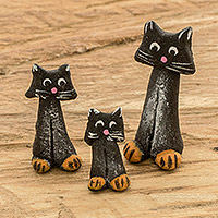 Ceramic figurines, 'Black Cat Family' (Set of 3) - Set of 3 Hand-painted Black Cat-shaped Ceramic Figurines