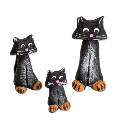 Set of 3 Hand-painted Black Cat-shaped Ceramic Figurines