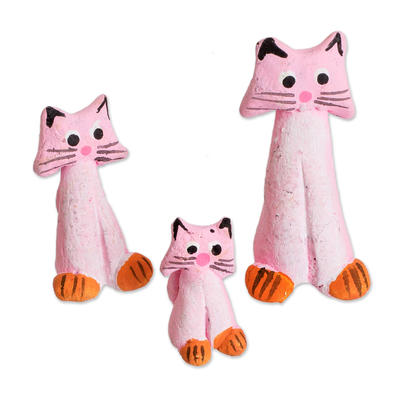 3 Handcrafted Pink Ceramic Kitty Cat Figurines