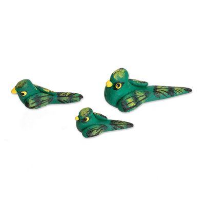 Ceramic figurines, 'Quetzal Family'  (set of 3) - Set of 3 Hand-painted Quetzal-themed Ceramic Figurines