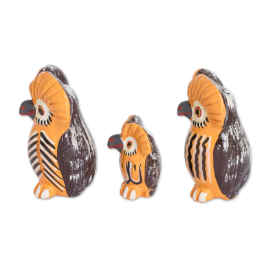 Ceramic figurines, 'Relaxed Tecolote Family' (set of 3) - Artisan Made Ceramic Owl Figurines from Guatemala Set of 3