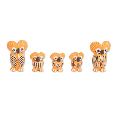 Ceramic figurines, 'Grand Tecolote Family' (set of 5) - Hand Painted Orange Ceramic Owl Family Figurines Set of 5