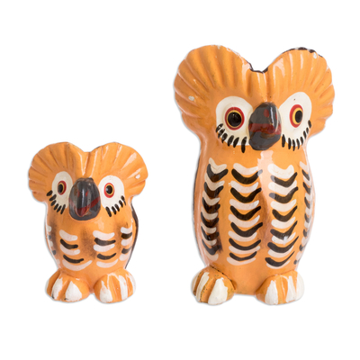 Ceramic figurines, 'Owls of Good Fortune' (pair) - 2 Handcrafted Ginger Orange Ceramic Owl Figurines