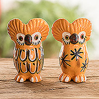 Figuritas de cerámica, 'Familia Feliz Tecolote' (pareja) - Pareja de Figuritas de Cerámica Naranja en forma de Búho de Guatemala