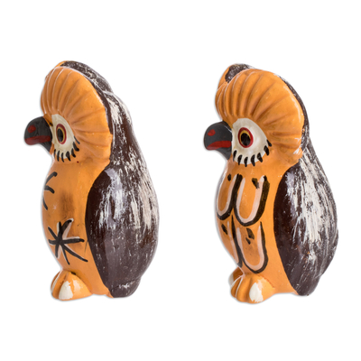 Figuritas de cerámica, (par) - Par de figurillas de cerámica naranja en forma de búho de Guatemala