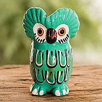 Ceramic figurine, 'Natural Tecolote in Aqua' - Owl-shaped Aqua Ceramic Figurine Hand-painted in Guatemala