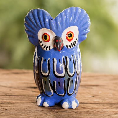 Ceramic figurine, 'Wonderful Tecolote' - Owl-shaped Light Blue Ceramic Figurine Crafted in Guatemala