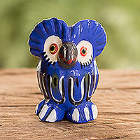 Ceramic mini figurine, 'Small Festive Tecolote' - Guatemalan Handcrafted Blue Owl-shaped Ceramic Mini Figurine