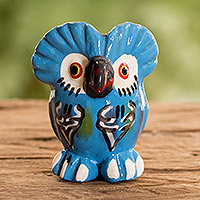 Ceramic mini figurine, Happy Tecolote' - Light Blue Owl-shaped Ceramic Mini Figurine from Guatemala