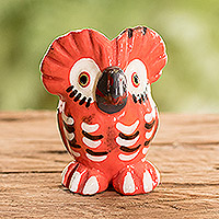 Ceramic mini figurine, 'Striped Tecolote' - Orange Owl-shaped Ceramic Mini Figurine Made in Guatemala