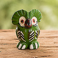 Mini figura de cerámica, 'Nature Tecolote' - Mini figura de cerámica con forma de búho verde hecha en Guatemala