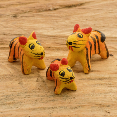 Ceramic figurines, 'Tiger Family' (Set of 3) - Set of 3 Hand-painted Tiger-themed Ceramic Figurines