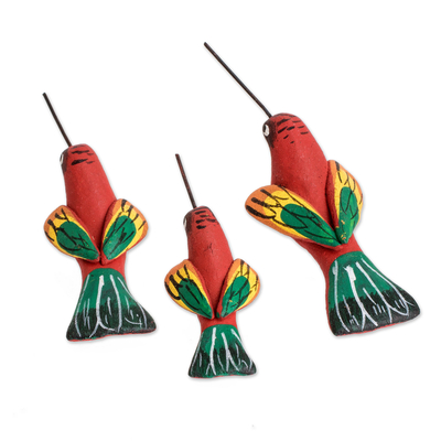 Ceramic figurines, 'Red Hummingbird Family' (Set of 3) - Set of 3 Hummingbird-shaped Hand-painted Ceramic Figurines