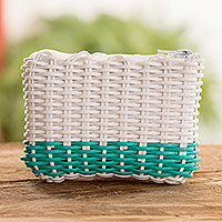 Handwoven coin purse, 'Enchantment in White and Teal' - Recycled Vinyl Cord Coin Purse Handwoven in Guatemala