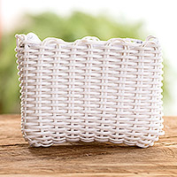 Handwoven coin purse, 'Enchantment in White' - White Recycled Vinyl Cord Coin Purse Handwoven in Guatemala