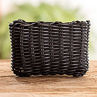 Handwoven coin purse, 'Enchantment in Black' - Recycled Vinyl Cord Black Coin Purse Handwoven in Guatemala