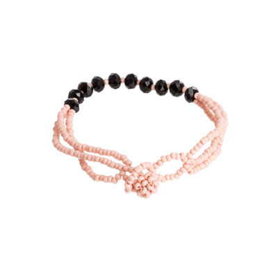 Glass and crystal beaded bracelet, 'Flamingo Hug' - Handmade Pink and Black Beaded Bracelet from Guatemala