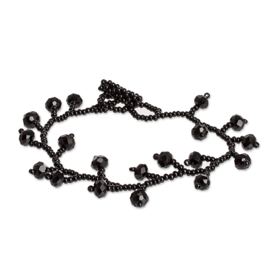 Glass and crystal beaded bracelet, 'Crystal Root' - Artisan Crafted Black Beaded Bracelet from Guatemala