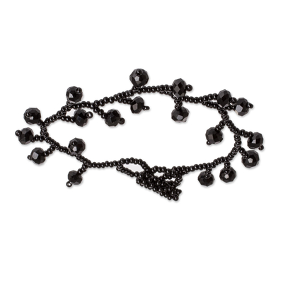 Glass and crystal beaded bracelet, 'Crystal Root' - Artisan Crafted Black Beaded Bracelet from Guatemala