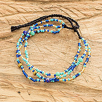 Glass and crystal beaded bracelet, 'Island Waves' - Handmade Guatemalan Tropical Blue Crystal Beaded Bracelet